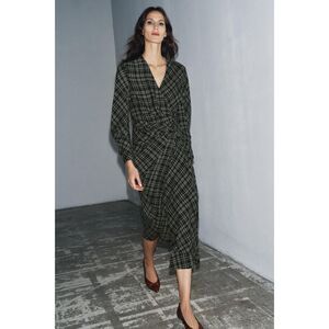 Zara Draped Plaid Midi Dress – Khaki | Size S